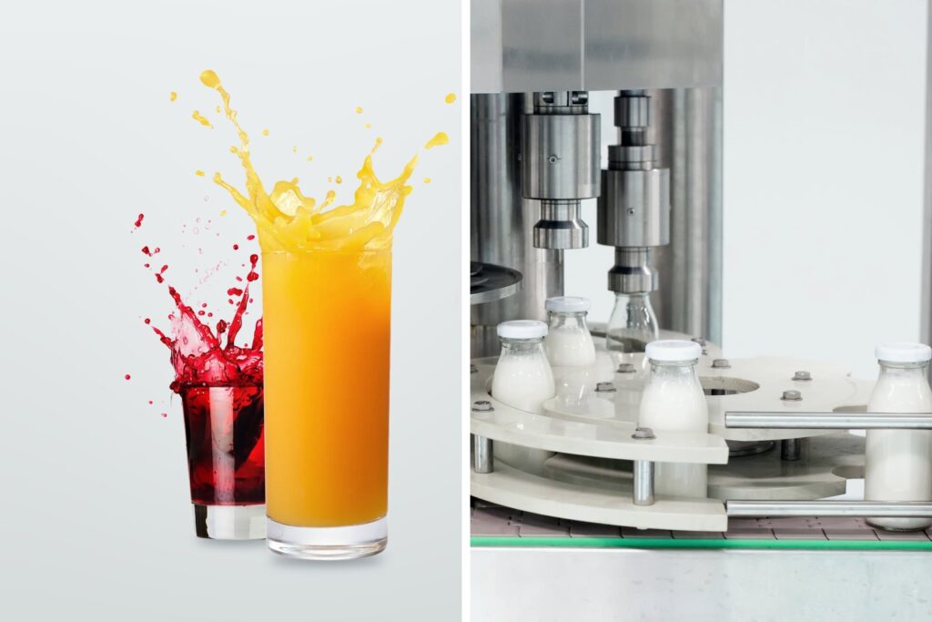Fruit juices and a dairy bottling line, representing juice and dairy concentration processes